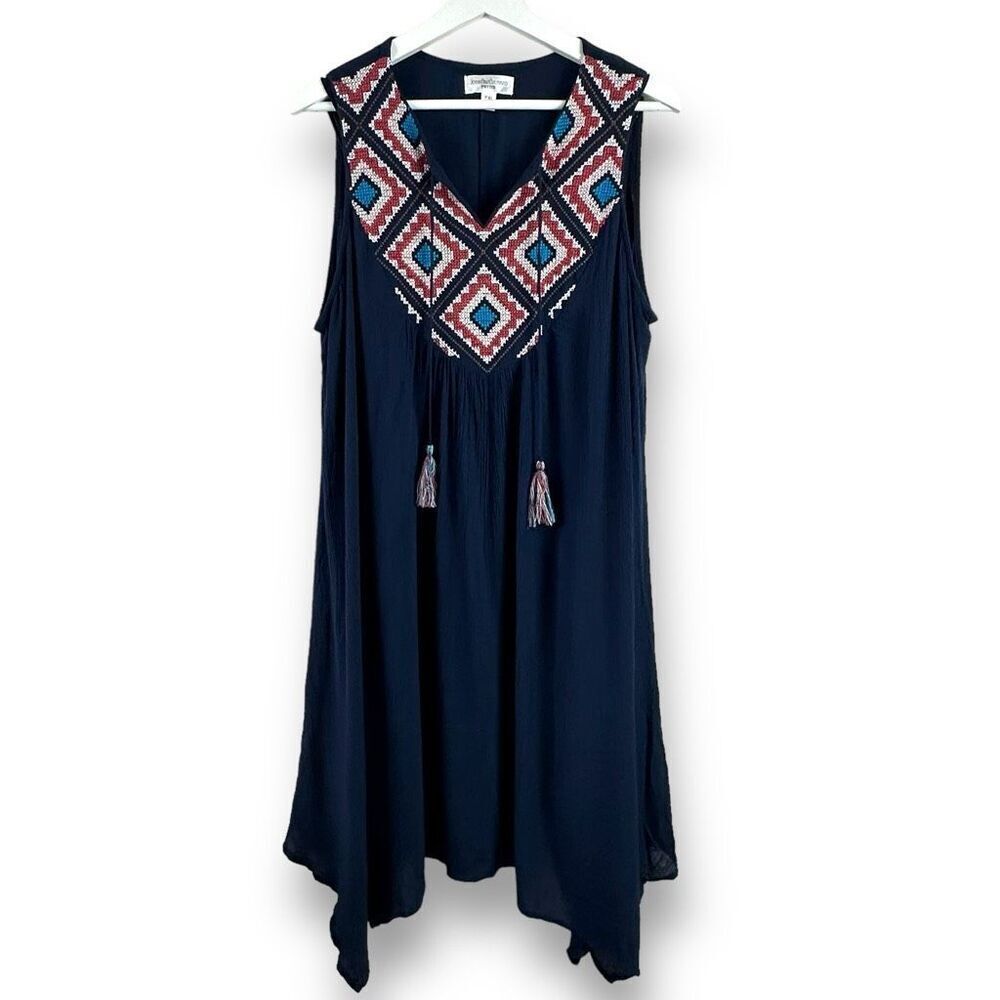 John Paul Richard Women's XL Petite Needlepoint Embroidery Boho Dress Blue Flowy